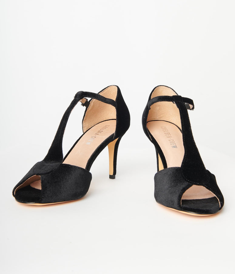 Chelsea Crew Black Velvet Peep Toe T-Strap Blondie Pump