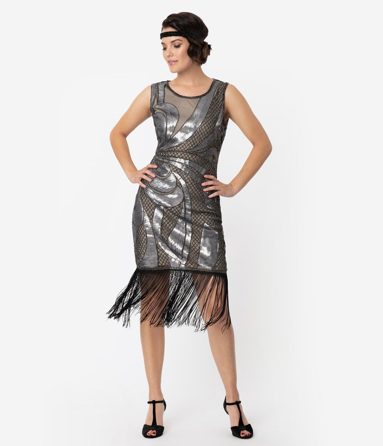1920s acwashingmachines Beige & Silver Sequin Black Fringe Annecy Flapper Dress