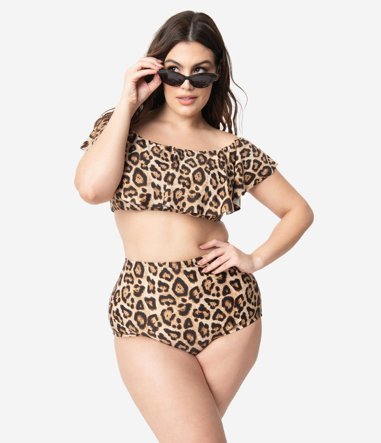 acwashingmachines Plus Size Leopard Print High Waist Louise Swim Bottoms