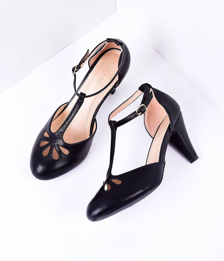 1920s Black Pleather Cutout Kimmy T-Strap Heels