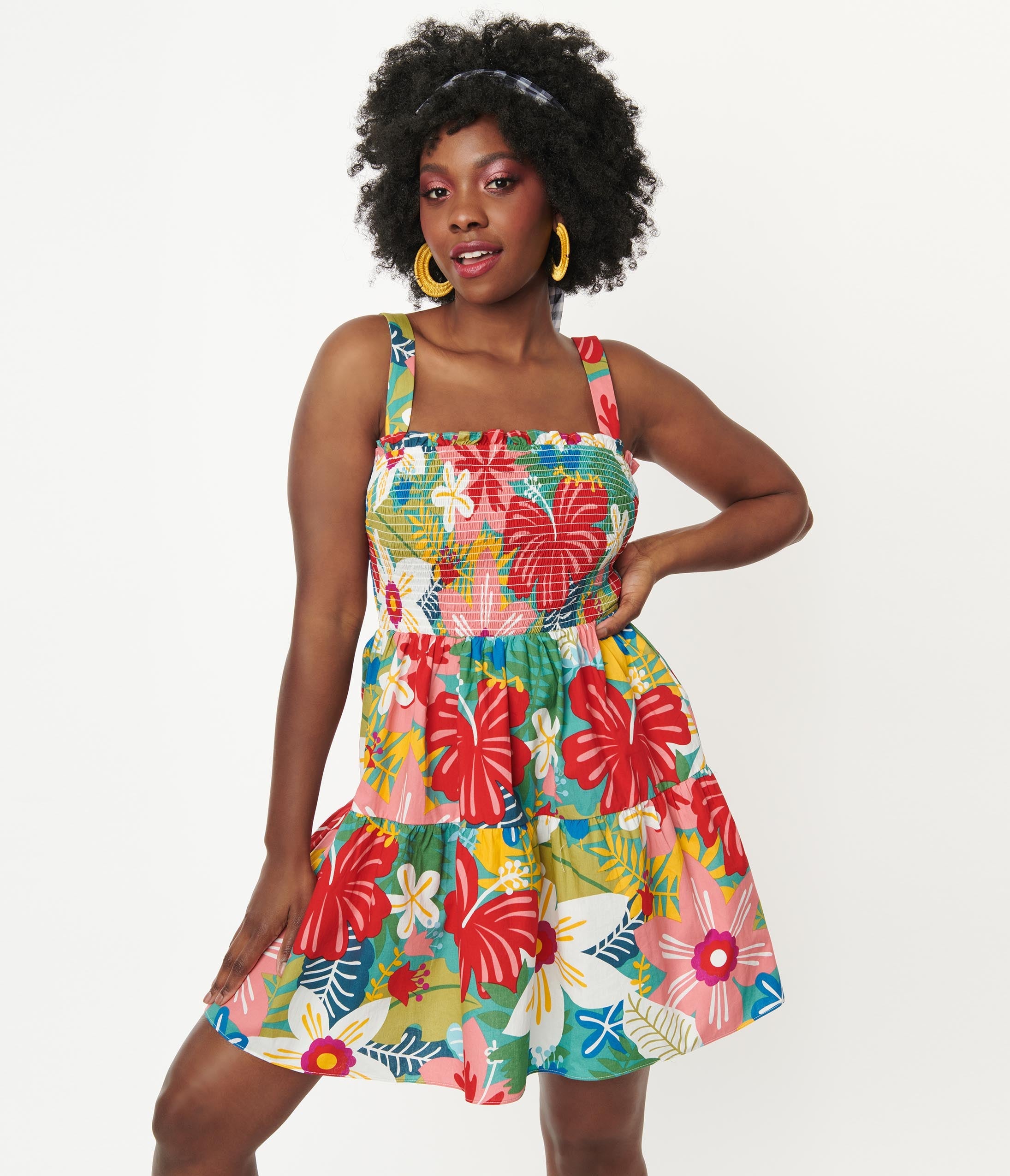 

Multicolor Tropical Floral Smocked Flare Dress