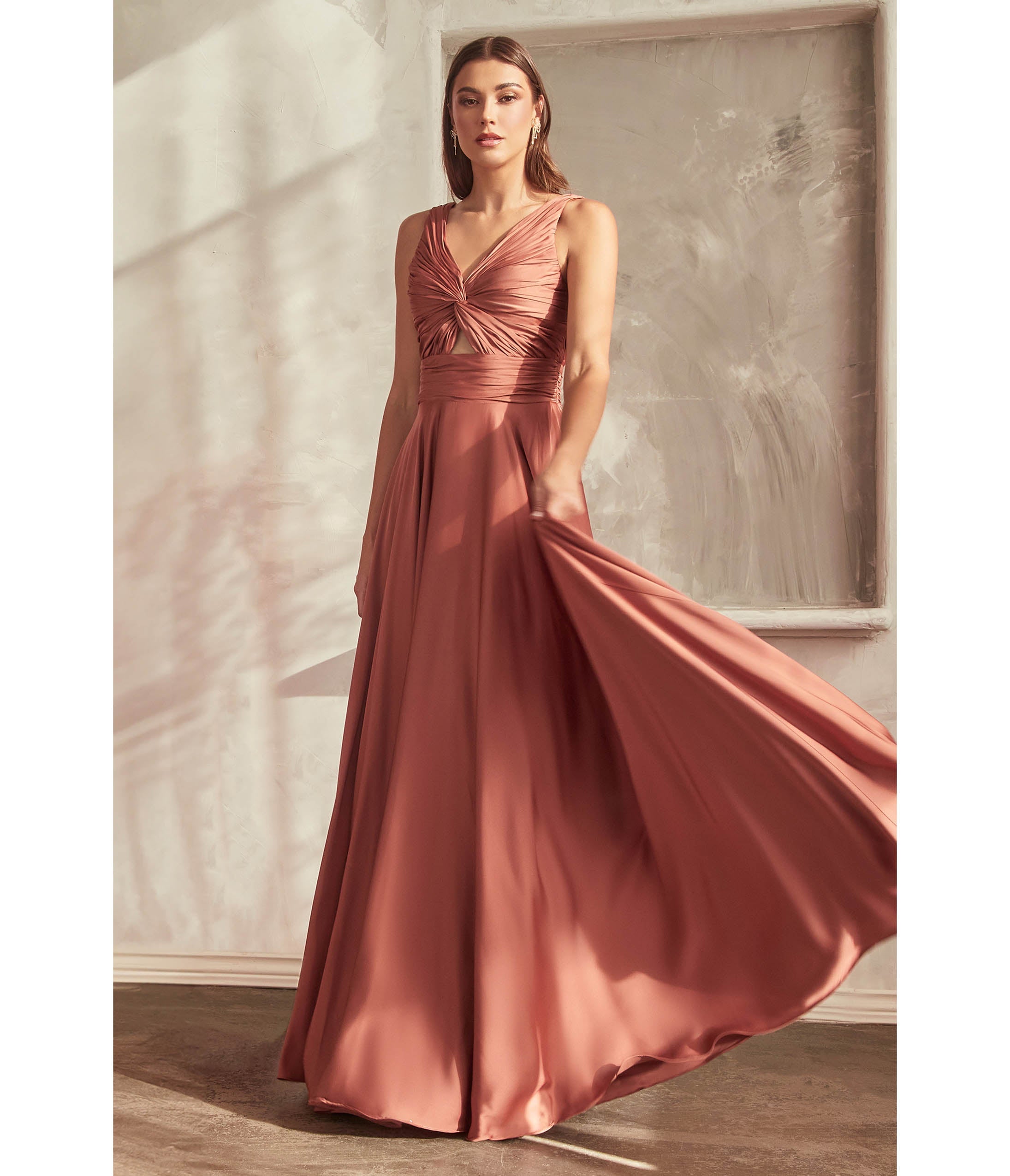 

Cinderella Divine Sienna Satin Ruched Knotted Keyhole Evening Gown