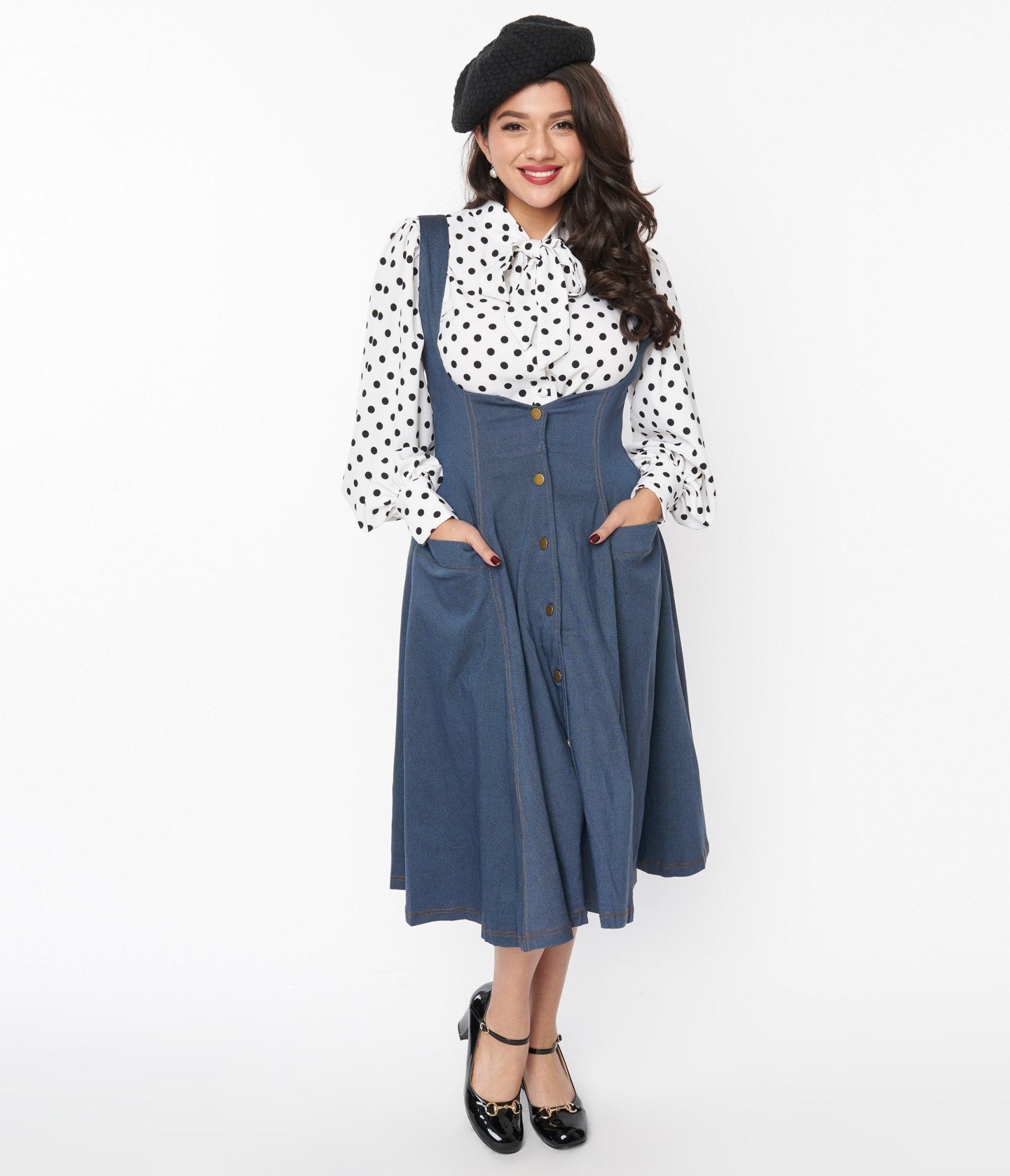 

Unique Vintage Blue Denim Button Suspender Swing Skirt