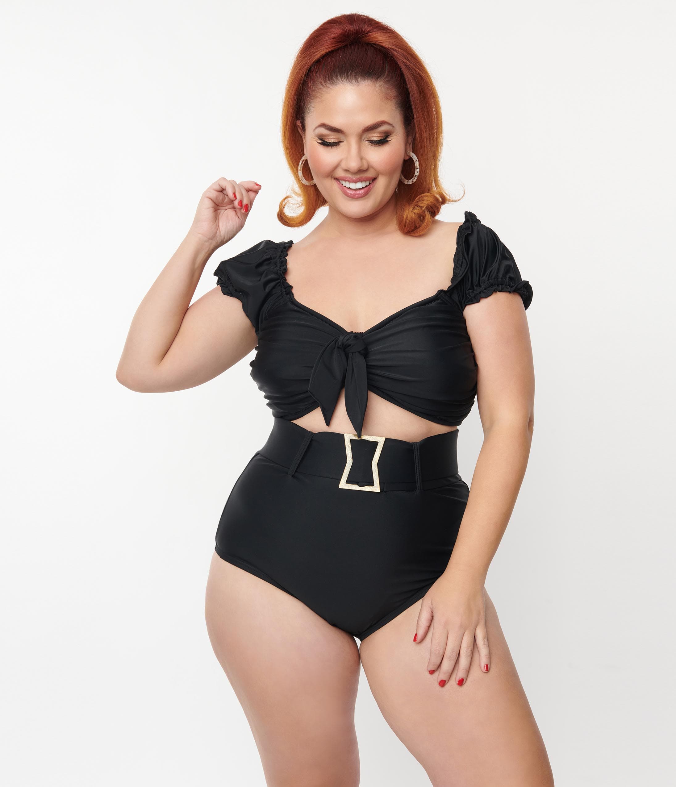 

Unique Vintage Plus Size Black High Waist Belted Swim Bottom