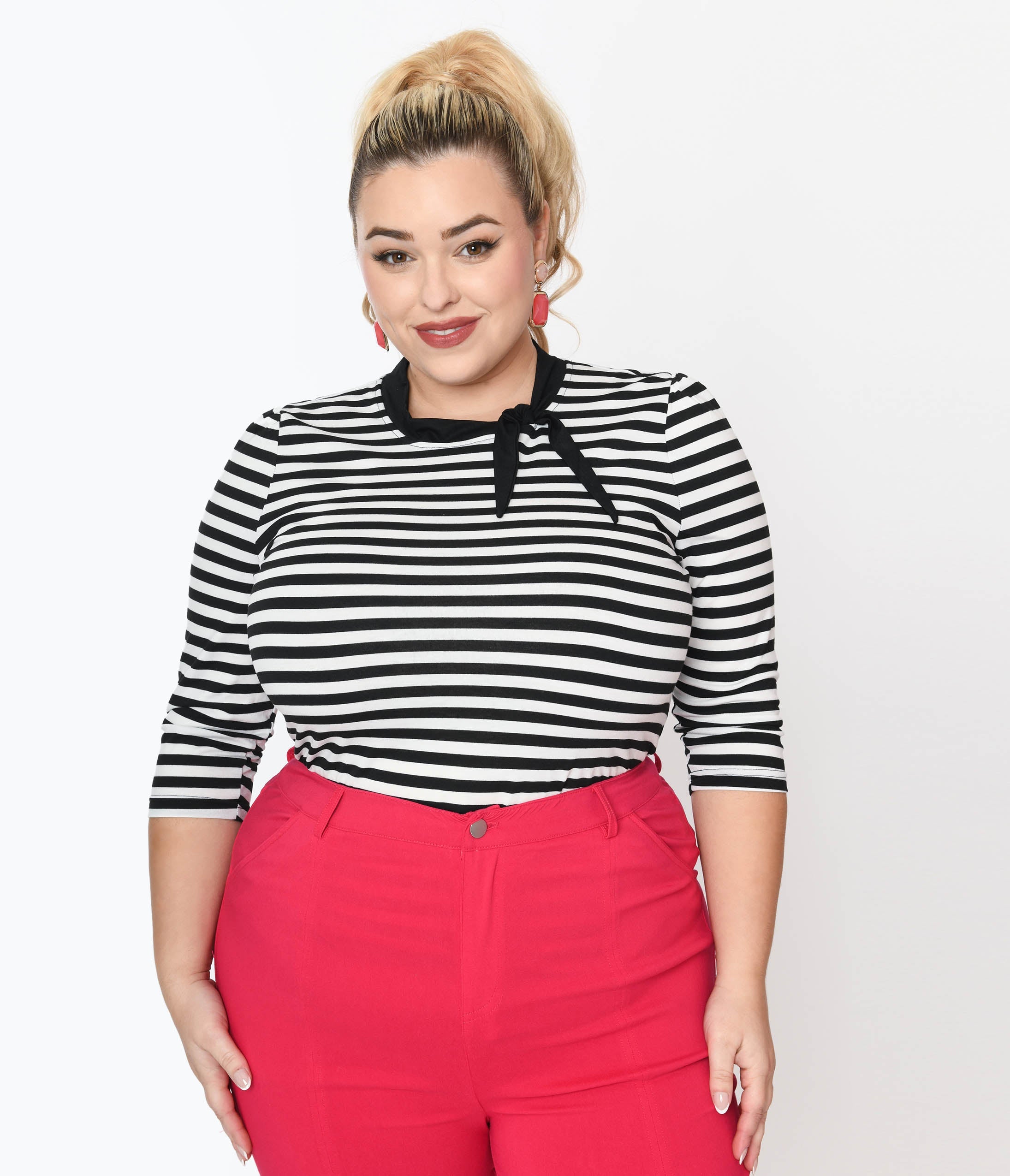 

Unique Vintage Plus Size Black & White Stripe Three Quarter Sleeve Sweetie Knit Top