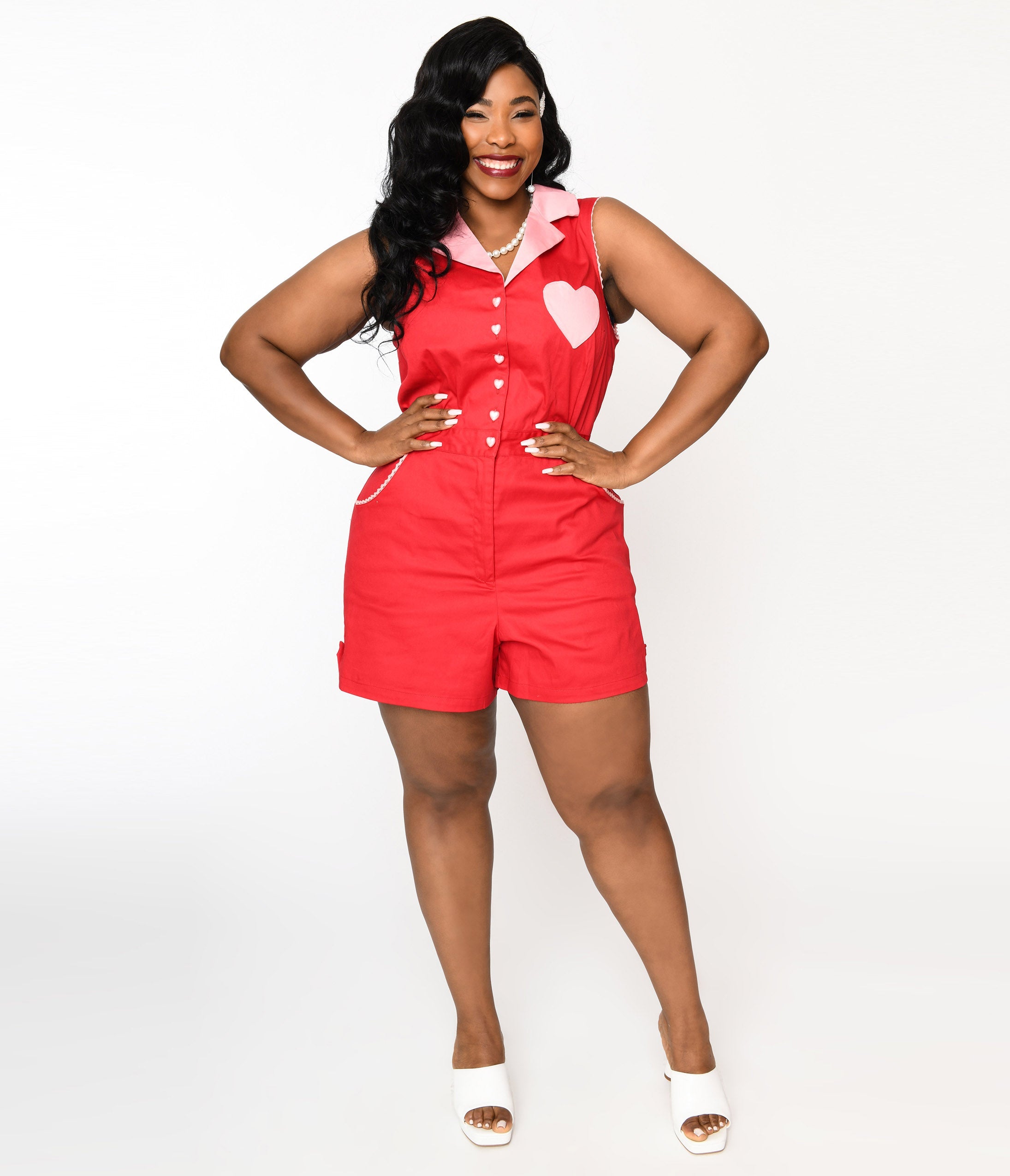 

Unique Vintage Plus Size Red & Pink Heart Shelby Romper