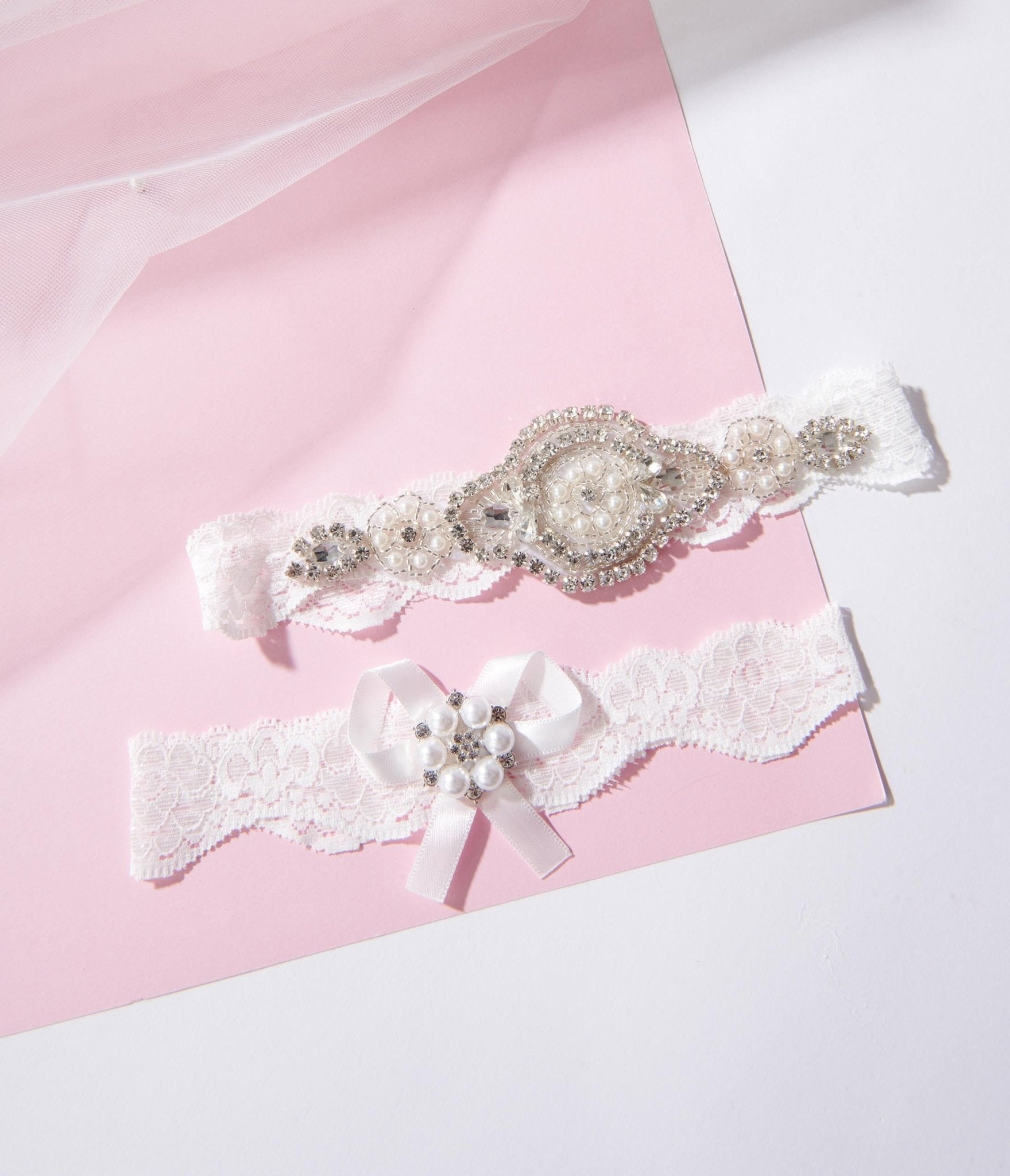 

White Lace & Rhinestone Bridal Garter Set