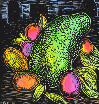 Hand colored block print called "Sour Sop"