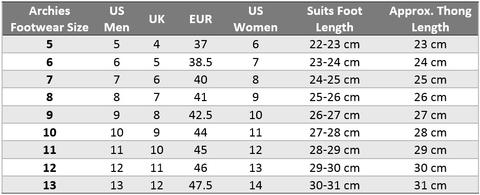 Archies Footwear Sizing Guide