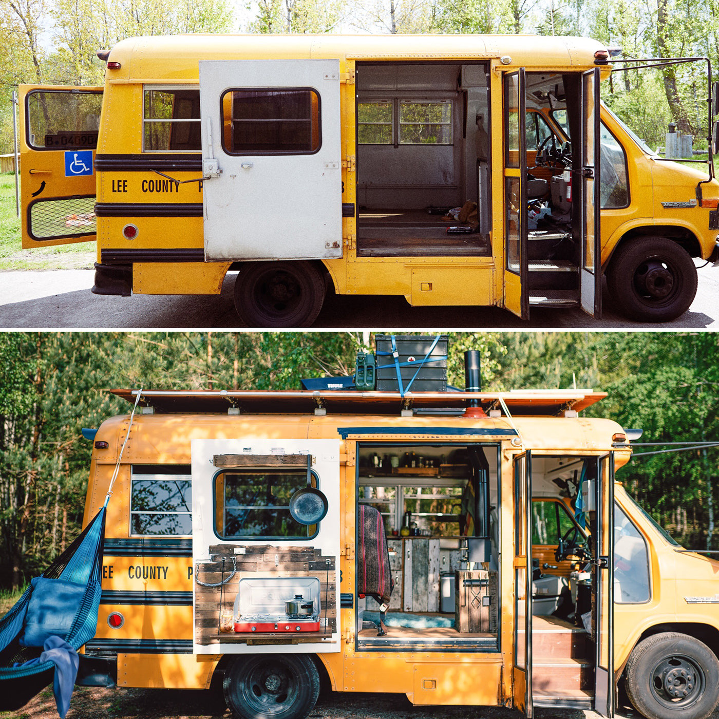 Bus shot with open doors from the outside. Top photo shows bus before rebuild, bottom photo after. (Photo: Kai Branss)