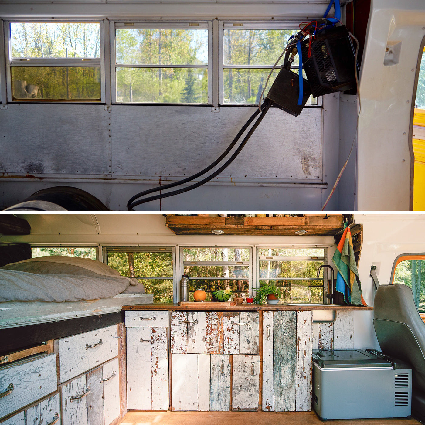 Photos of the interior of the bus–before and after the rebuild. (Photo: Kai Branss)