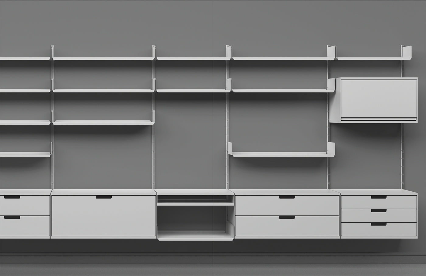 Shelving system photographed in black and white designed by Dieter Rams for furniture brand Vitsoe. (Design by Dieter Rams, photography by Vitsoe)