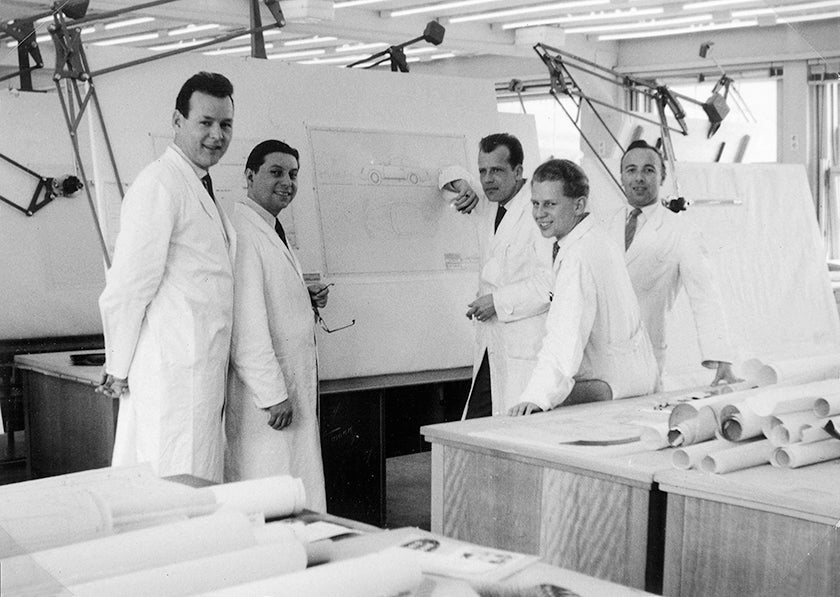 Porsche’s designers Willi Vetter, Karl Vettel, Georg Urbanczik, Rudi Maier, and Walter Huettich in 1958. 