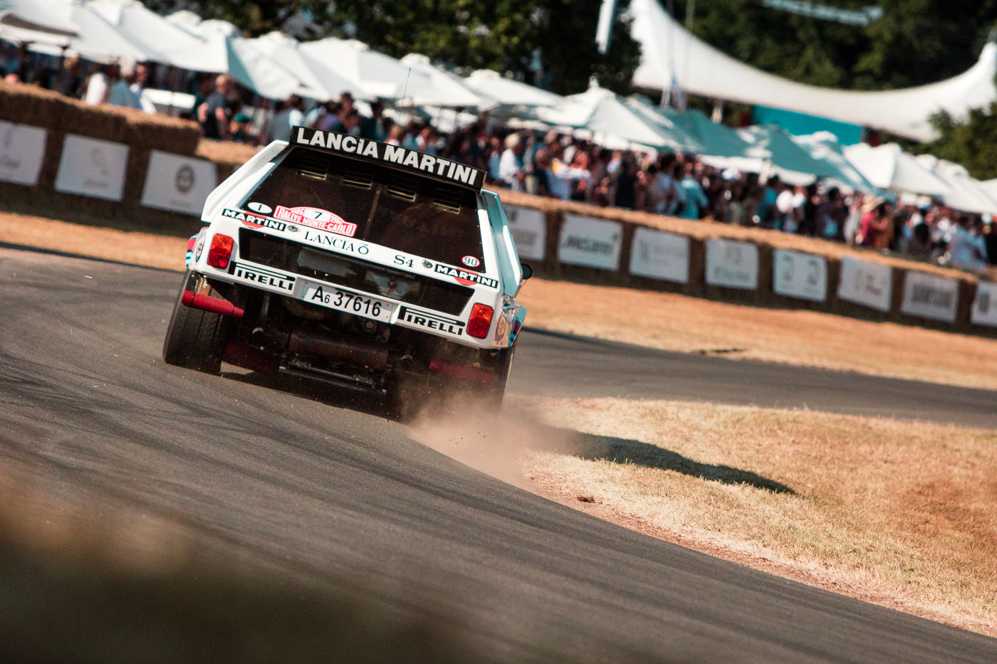 Martini Lancia Delta S4 world famous group B rallye car cornering at the speed track of Goodwood Festival of Speed. (Photo: Alex Lawrence – The White Wall 2018)