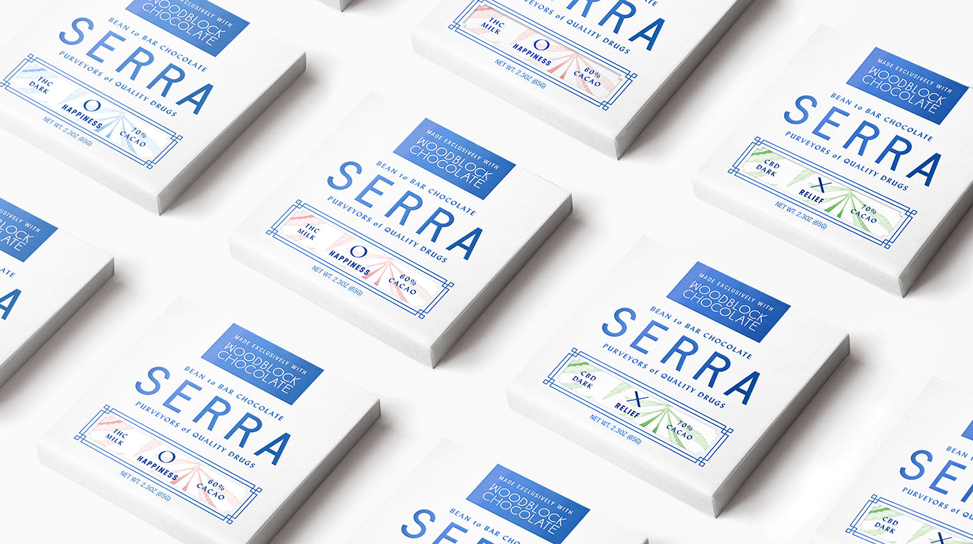 The signature color of Yves Klein inspired blue is to be seen throughout the whole product range of Serra dispensary. Here it is chocolate containing THC. (Photo: Half Court Studio for OMFGCO)