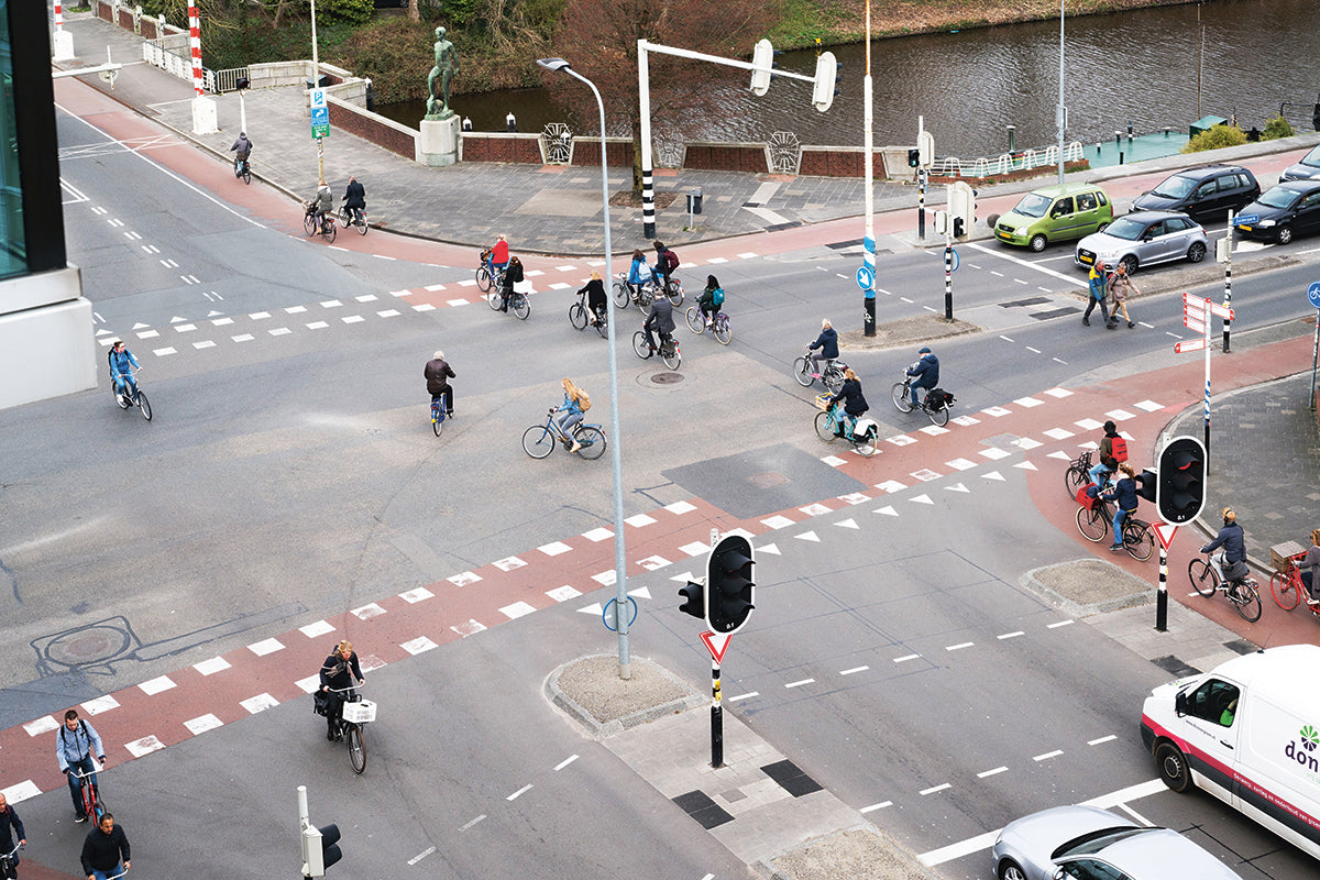 Cyclists riding on the four "smart routes" over a crossroad in the Dutch city of Groningen. (Photo: Monocle 2018)