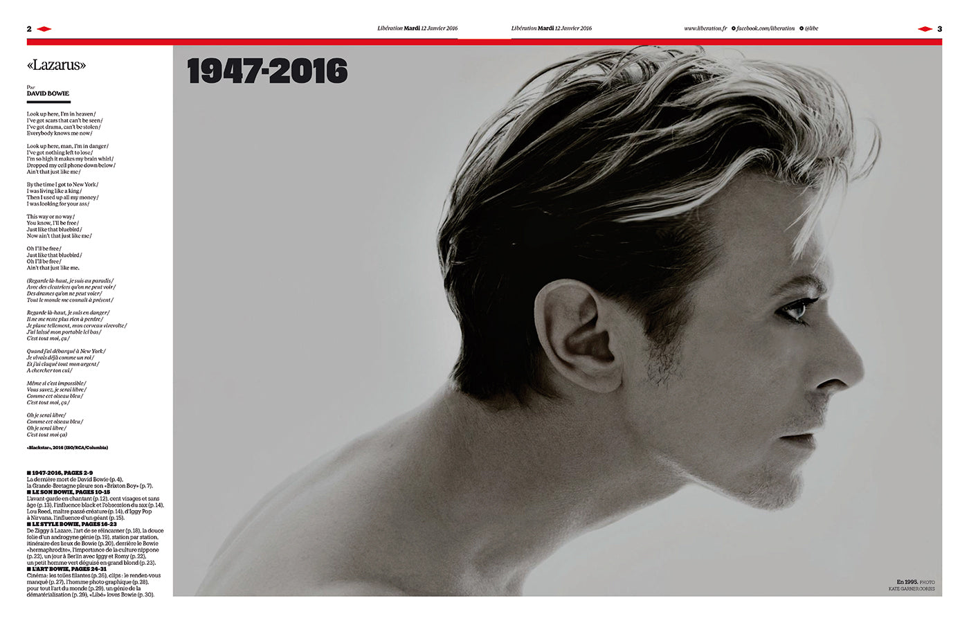 David Bowie in the French newspaper Libération on the occasion of the artist's death in 2016. (Photo: Libération)