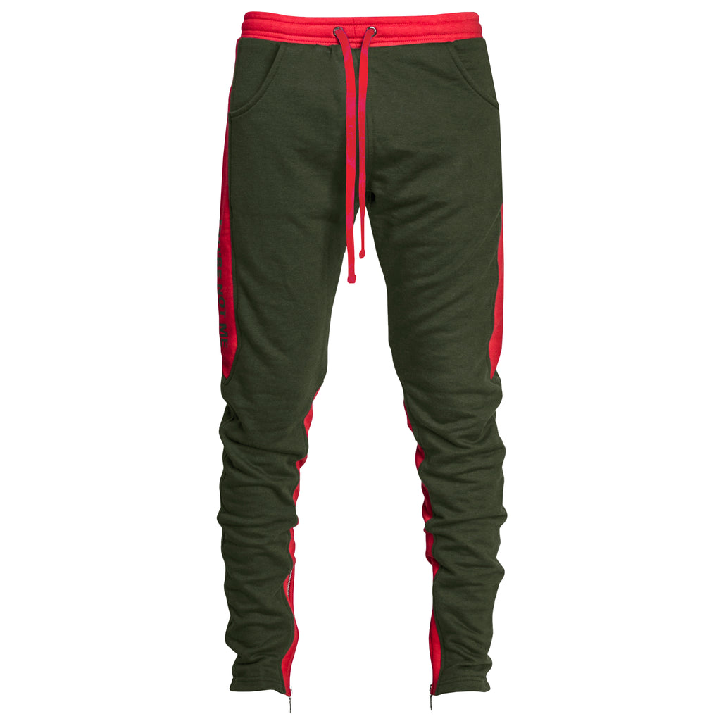 YNM Ankle Zip Trackpants : Olive/Red