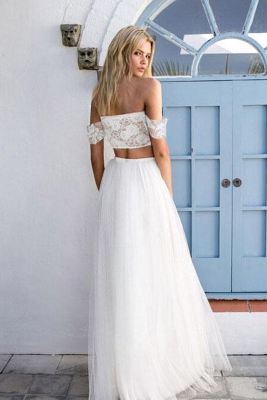 White A Line Tulle Destination Wedding Dresses With Off The