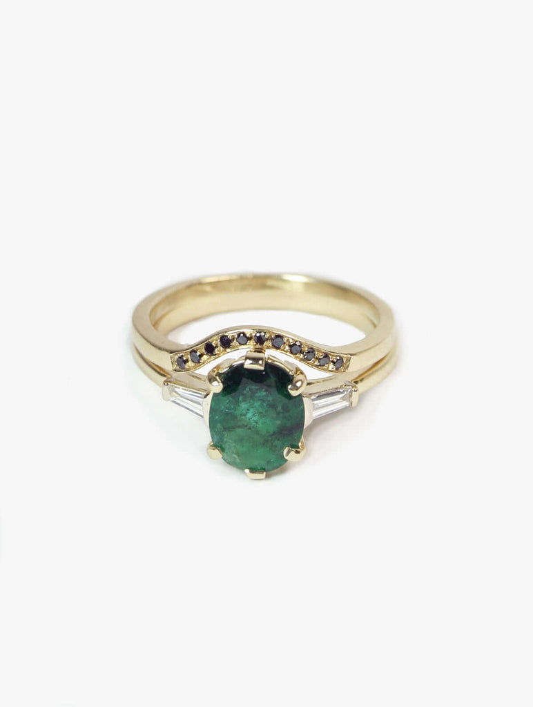 Custom emerald engagement ring made in Brooklyn, New York, MachaStudio alternative designer jewelry, unique wedding bands 