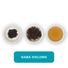 Gaba Oolong loose leaf tea – three cups showing the plain leaf, the unfurled leaf with the water added and then the final brew of tea.