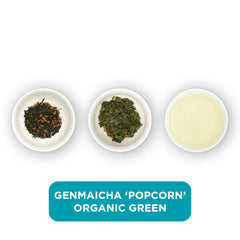 Genmaicha 'Popcorn' Organic Green loose leaf tea – three cups showing the plain leaf, the unfurled leaf with the water added and then the final brew of tea.