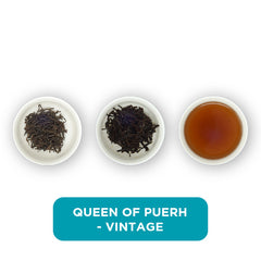 Queen of Puerh loose leaf tea – three cups showing the plain leaf, the unfurled leaf with the water added and then the final brew of tea.