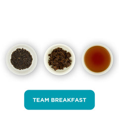 Team Breakfast loose leaf tea – three cups showing the plain leaf, the unfurled leaf with the water added and then the final brew of tea.