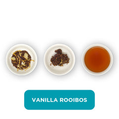 Vanilla Rooibos loose leaf tea – three cups showing the plain leaf, the unfurled leaf with the water added and then the final brew of tea.