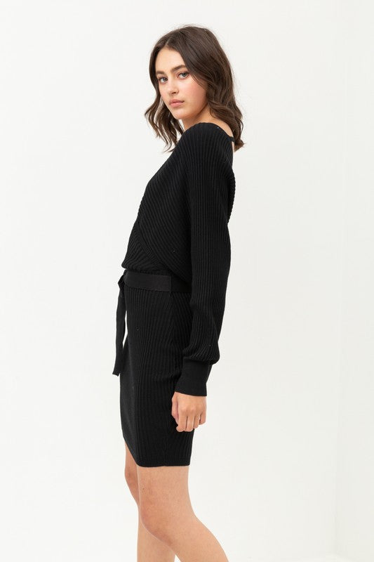 black sweater wrap dress