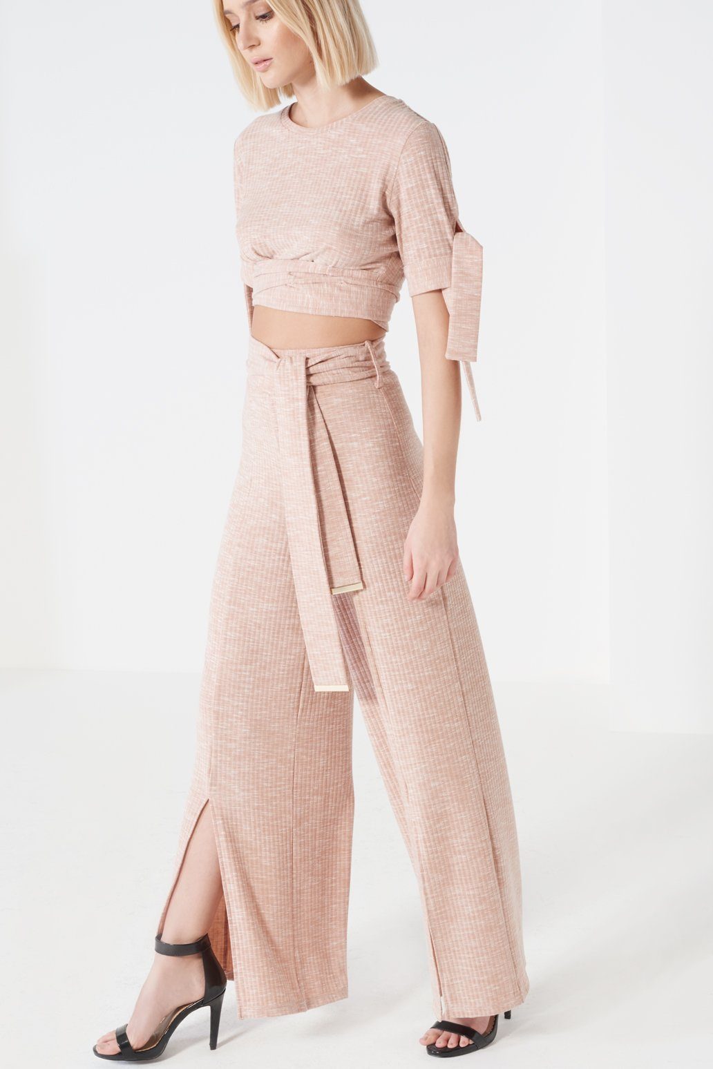 Nude Rib Jersey Metal Trim Tie Detail Wide Leg Trousers
