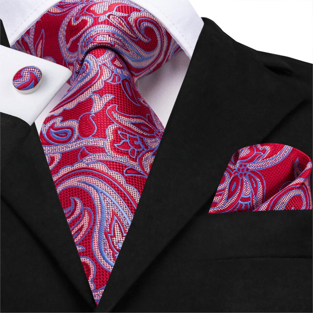 Men’s Tie & Handkerchief Set Black Red Gold Blue Paisley LUC336