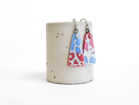 Glass drop earrings in periwinkle blue, rose pink and pewter, handmade by Leila Cools