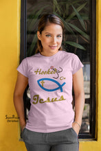 Christian Women T Shirt Hooked On Jesus Fish Sign Ladies tee