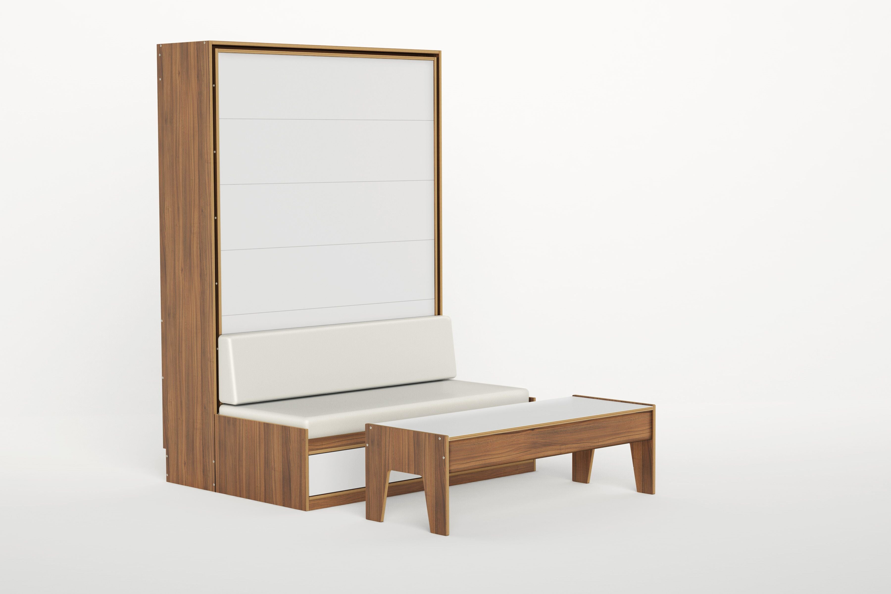 Wooden dressing table with mirror and bench against a white background.