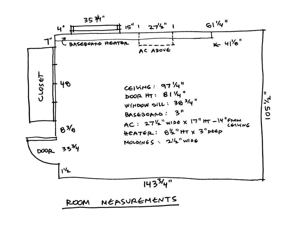 Sketch of a room layout with dimensions for doors, windows, and AC unit.