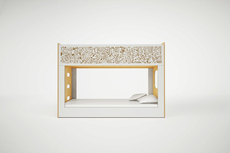 White minimalist desk with ornate pattern and gold accents.