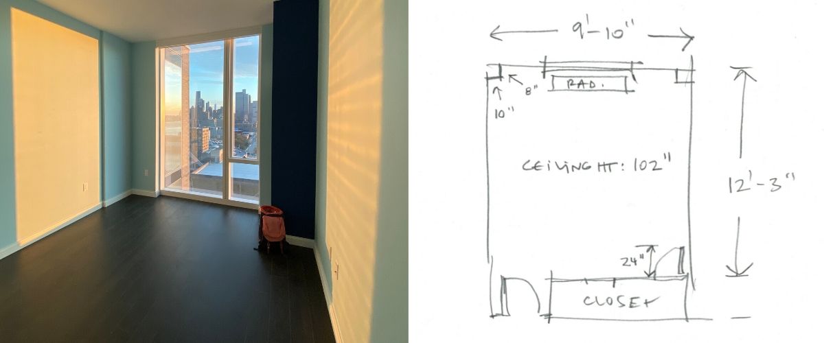 Empty room with window, sketch, and room dimensions.