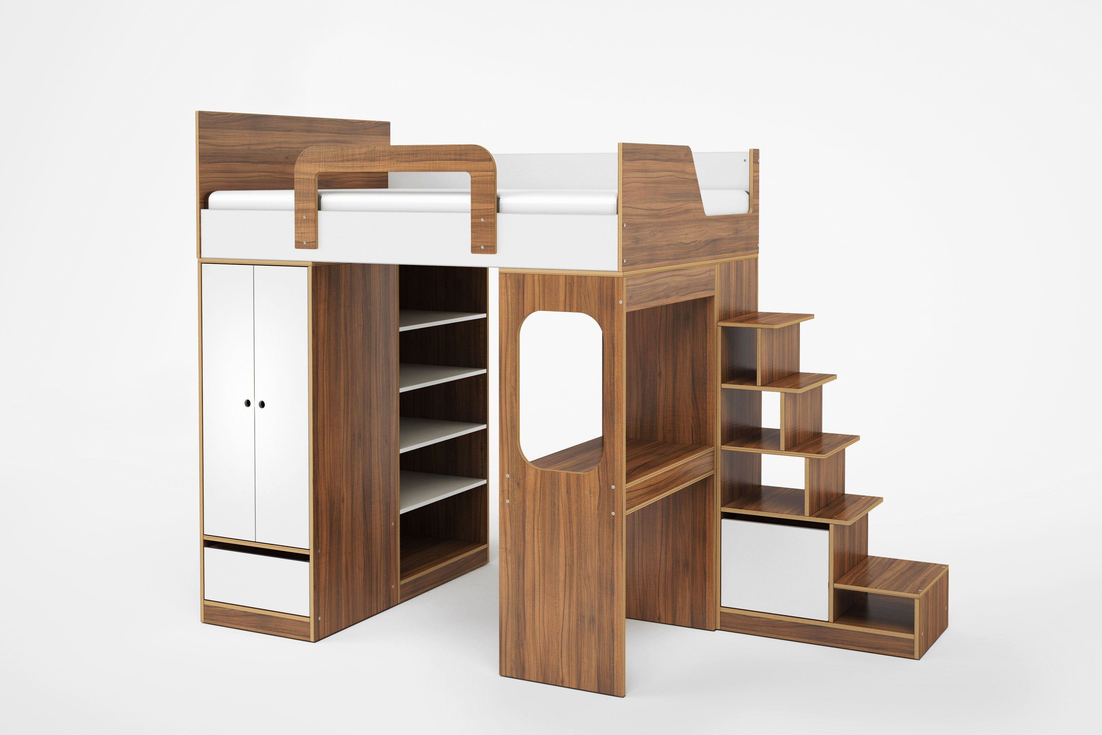 Wooden loft bed with stairs, shelves, wardrobe, on white background.