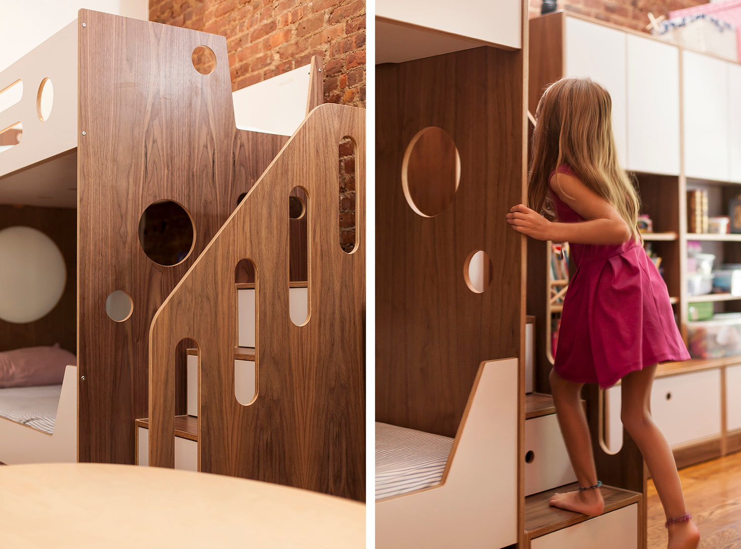 Child climbs wooden play structure with stairs and holes.
