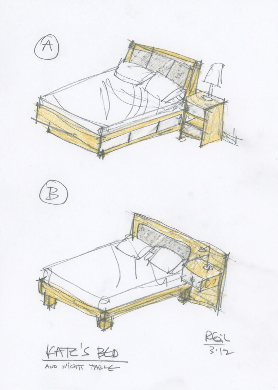 Design sketches of two different bed frames with precise dimensions, ideal for furniture crafting.