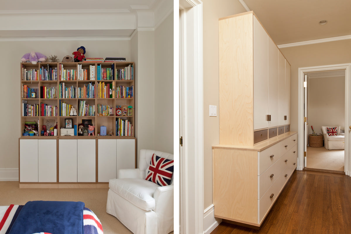 Cozy room with bookshelf, cabinet, and Union Jack cushion.