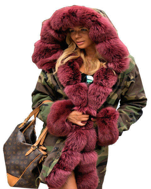 mountainviewsimmentals Thickened Warm Wine Red camouflage Faux Fur Fashion Warm Parka luxury Women Hooded Long Winter Jacket Coat Overcoat Top