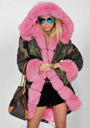 mountainviewsimmentals Thickened Faux Fur Camouflage Hot Pink Parka Women Hooded Long Winter Jacket Overcoat US Plus Size S M L XL XXL 3XL