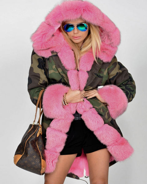 mountainviewsimmentals Thickened Faux Fur Camouflage Hot Pink Parka Women Hooded Long Winter Jacket Overcoat US Plus Size S M L XL XXL 3XL