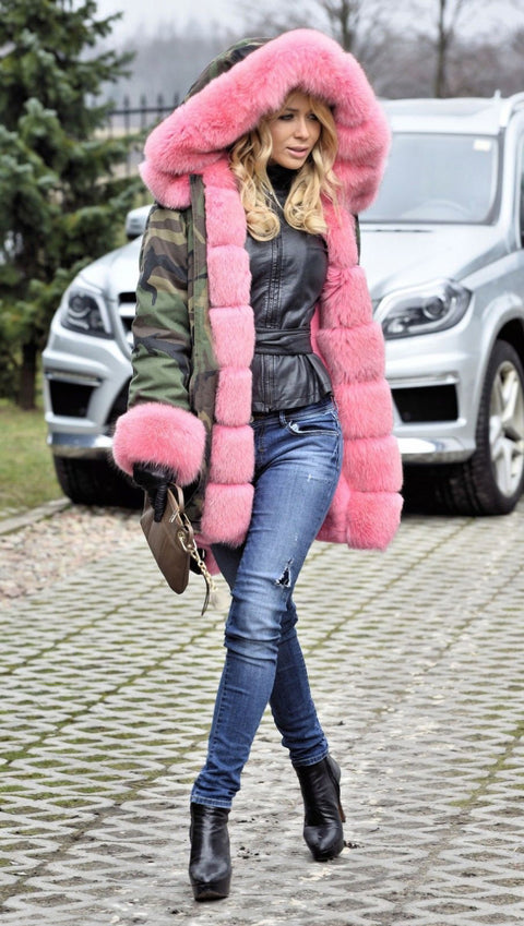 mountainviewsimmentals Thickened Faux Fur Camouflage Hot Pink Parka Women Hooded Long Winter Jacket Overcoat US Plus Size S M L XL XXL 3XL