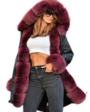 mountainviewsimmentals Women's Thicken Warm Luxury Casual Winter Wine Faux Fur Hooded Plus Size Parka Jacket Coat EU Size 36 38 40 42 44 46 48 50