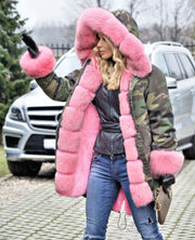 mountainviewsimmentals Thickened Hot Pink Grey Warm Loose Camouflage Faux Fur Casual Parka Hood Women Hooded Long Winter Jacket Overcoat Size