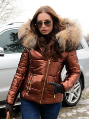 Ladies Slim Short Brown Down Jacket Zipper Faux Fur Winter Coat