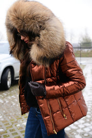 Ladies Slim Short Brown Down Jacket Zipper Faux Fur Winter Coat